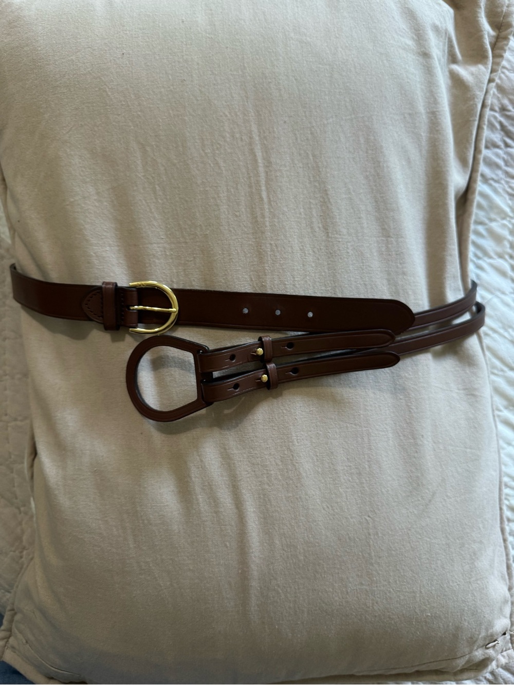 Ralph Lauren Brown Leather Double-Strap Belt with Gold Buckle